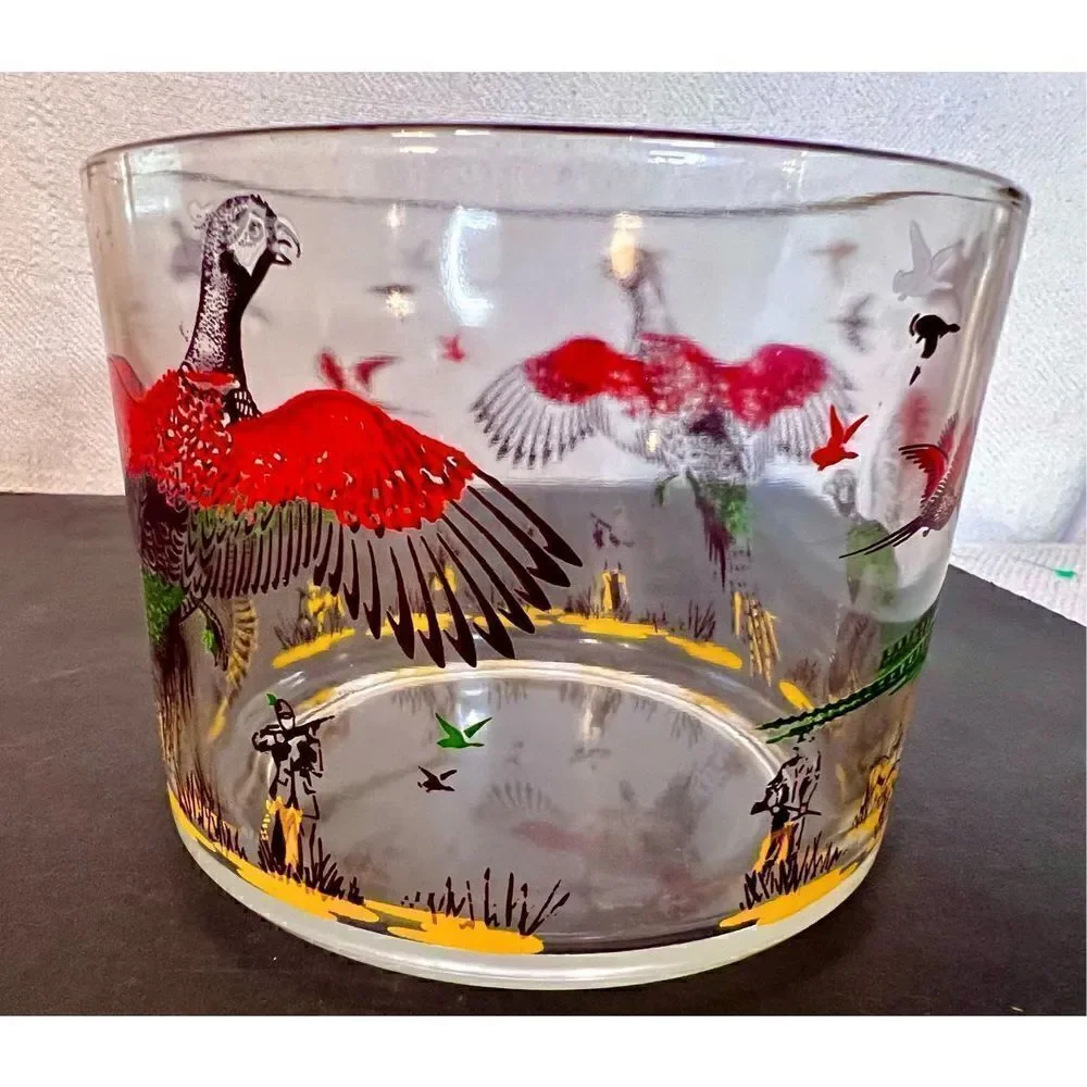 Vintage MCM Hazel Atlas Pheasant Hunters Dogs Ice Snack Bowl Glassware Barware